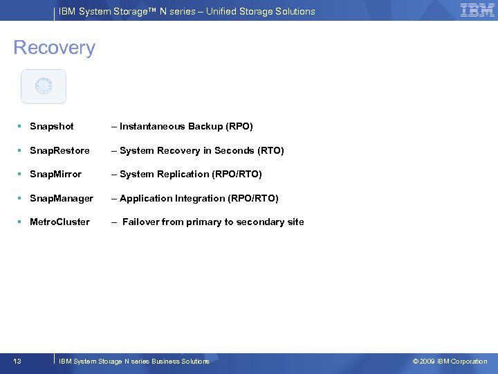 IBM System Storage™ N series – Unified Storage Solutions Recovery § Snapshot – Instantaneous