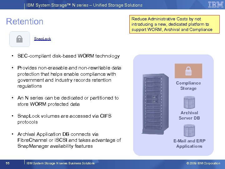 IBM System Storage™ N series – Unified Storage Solutions Retention Reduce Administrative Costs by