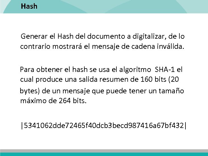 Hash Generar el Hash del documento a digitalizar, de lo contrario mostrará el mensaje