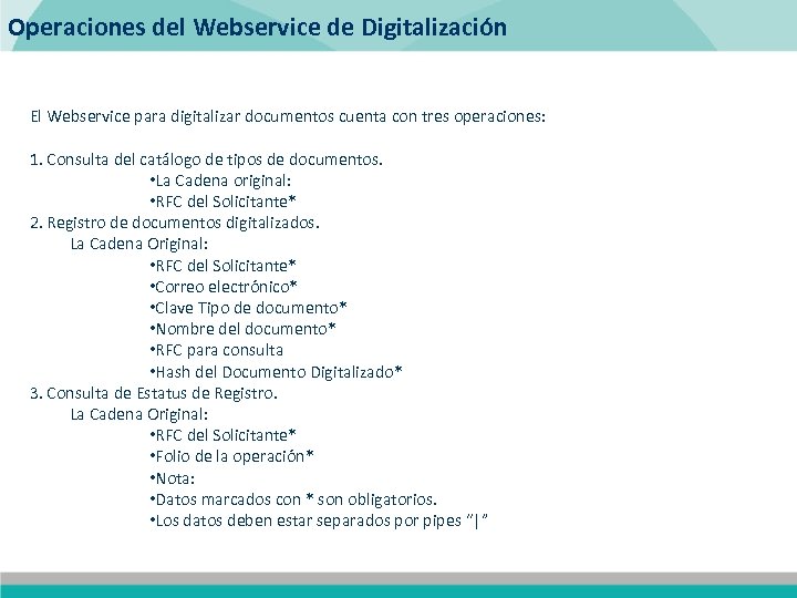 Operaciones del Webservice de Digitalización El Webservice para digitalizar documentos cuenta con tres operaciones: