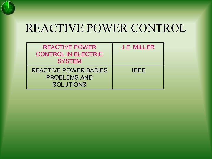 REACTIVE POWER CONTROL IN ELECTRIC SYSTEM J. E. MILLER REACTIVE POWER BASIES PROBLEMS AND