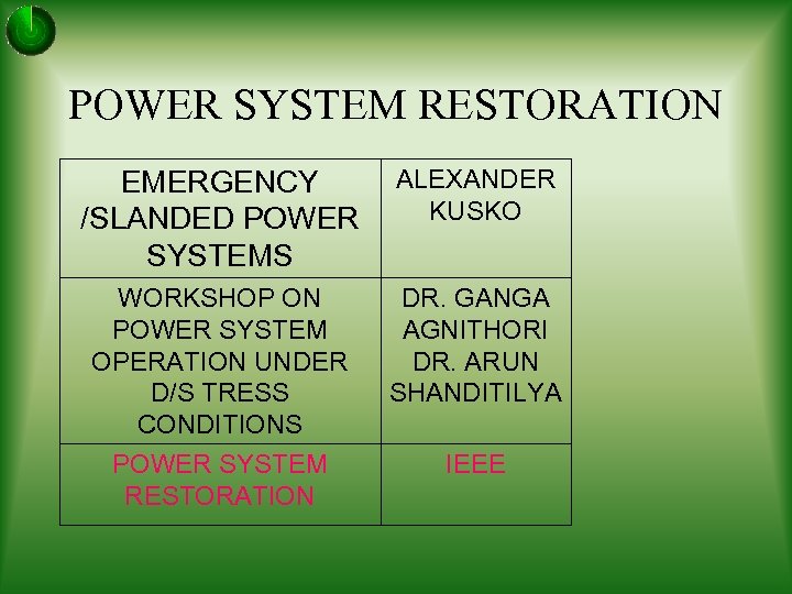 POWER SYSTEM RESTORATION ALEXANDER EMERGENCY KUSKO /SLANDED POWER SYSTEMS WORKSHOP ON POWER SYSTEM OPERATION