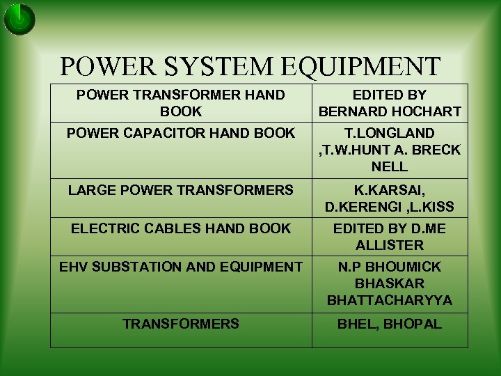 POWER SYSTEM EQUIPMENT POWER TRANSFORMER HAND BOOK EDITED BY BERNARD HOCHART POWER CAPACITOR HAND