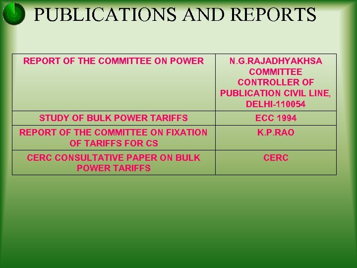 PUBLICATIONS AND REPORTS REPORT OF THE COMMITTEE ON POWER N. G. RAJADHYAKHSA COMMITTEE CONTROLLER