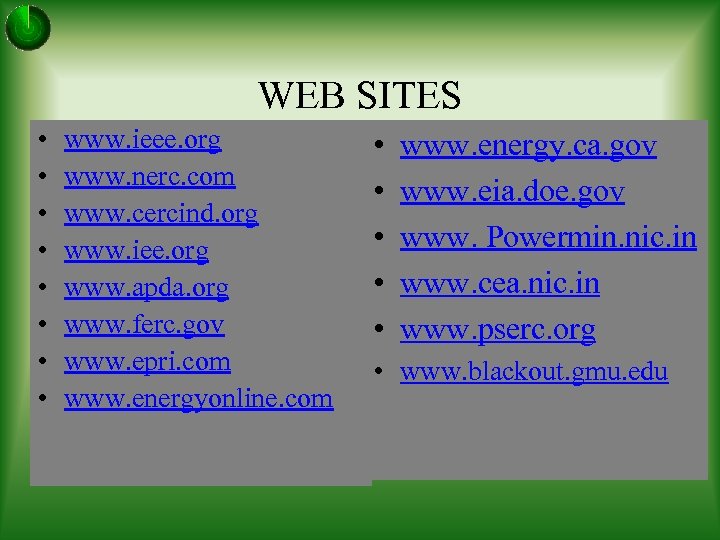 WEB SITES • • www. ieee. org www. nerc. com www. cercind. org www.