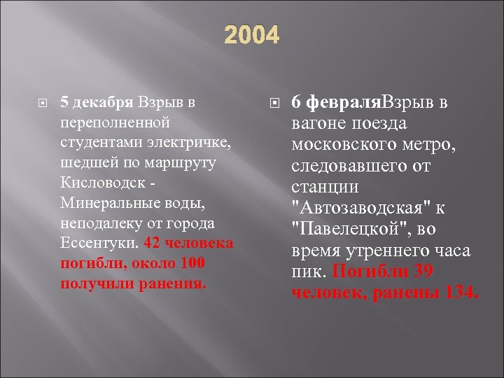 2004 5 декабря Взрыв в переполненной студентами электричке, шедшей по маршруту Кисловодск Минеральные воды,