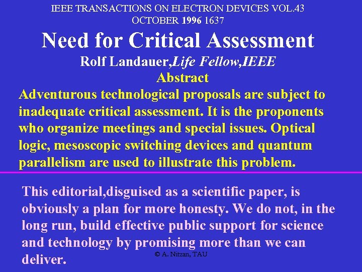 IEEE TRANSACTIONS ON ELECTRON DEVICES VOL. 43 OCTOBER 1996 1637 Need for Critical Assessment