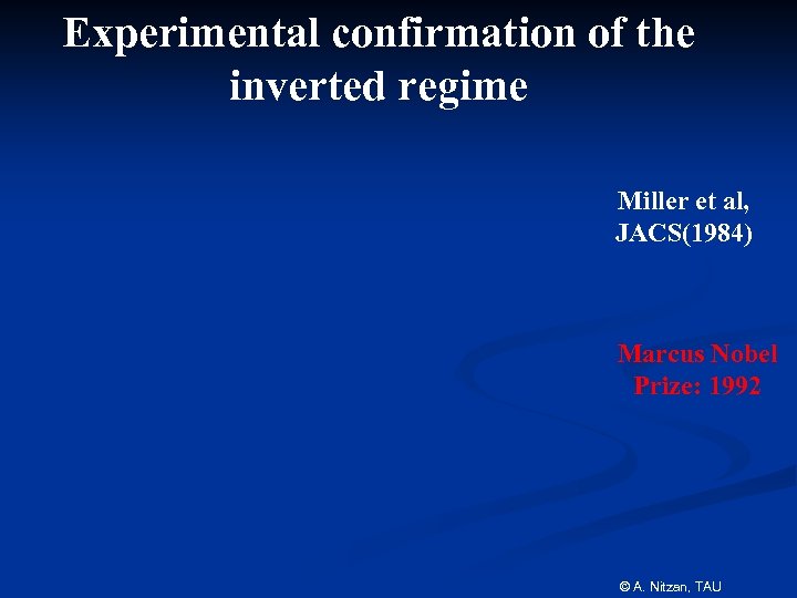 Experimental confirmation of the inverted regime Miller et al, JACS(1984) Marcus Nobel Prize: 1992
