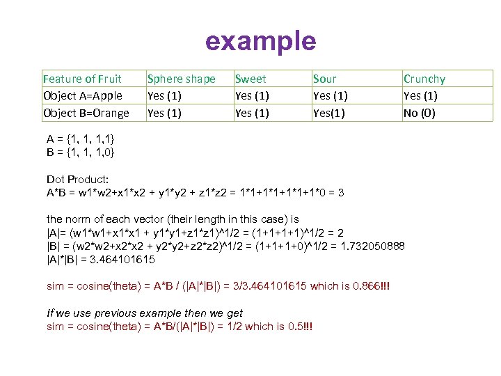 example Feature of Fruit Object A=Apple Object B=Orange Sphere shape Yes (1) Sweet Yes