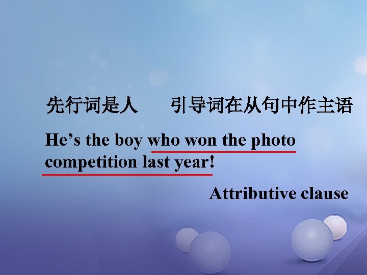 先行词是人 引导词在从句中作主语 He’s the boy who won the photo competition last year! Attributive clause