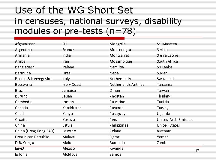 Use of the WG Short Set in censuses, national surveys, disability modules or pre-tests