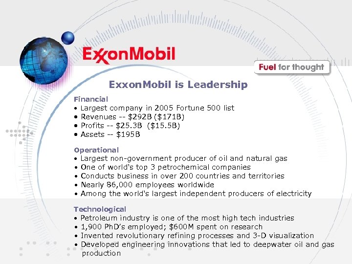 Exxon. Mobil is Leadership Financial • Largest company in 2005 Fortune 500 list •