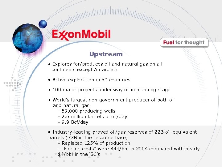 Upstream • Explores for/produces oil and natural gas on all continents except Antarctica •