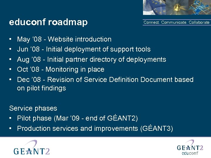 educonf roadmap • • • Connect. Communicate. Collaborate May ’ 08 - Website introduction