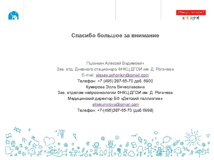 Спасибо большое за внимание Пшонкин Алексей Вадимович Зав. отд. Дневного стационара ФНКЦ ДГОИ им.