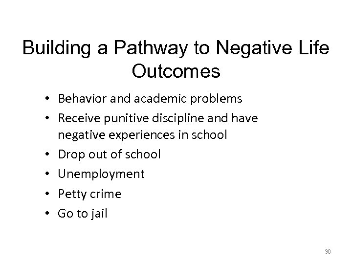 Building a Pathway to Negative Life Outcomes • Behavior and academic problems • Receive
