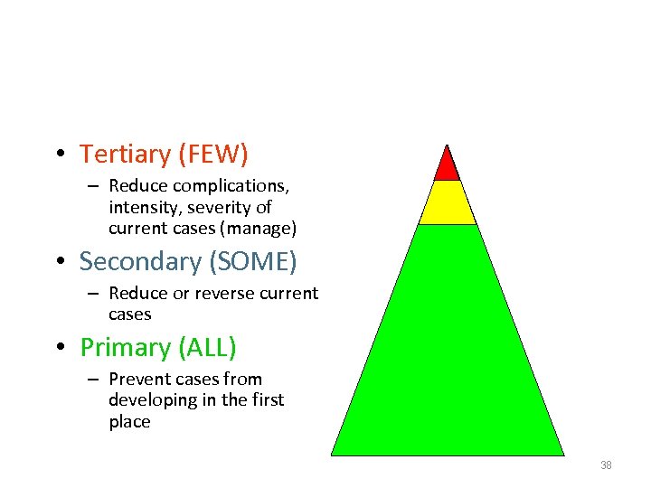  • Tertiary (FEW) – Reduce complications, intensity, severity of current cases (manage) •