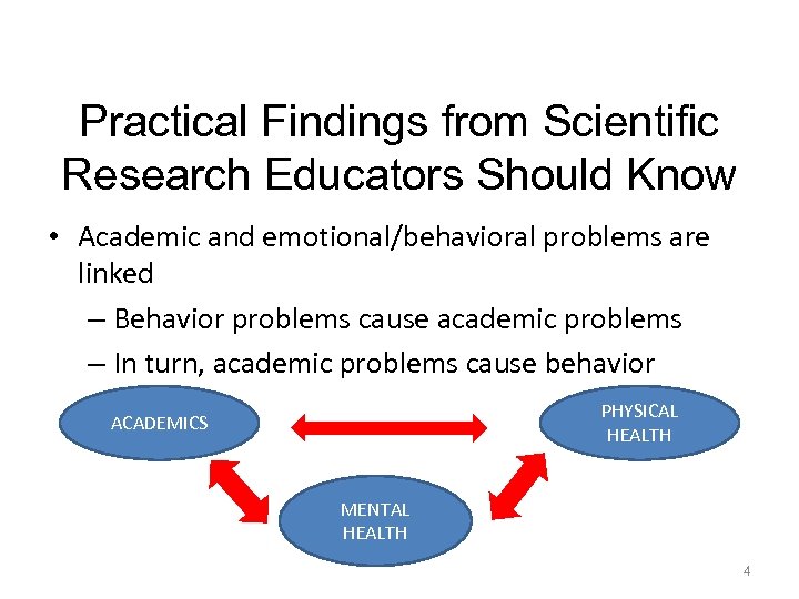 Practical Findings from Scientific Research Educators Should Know • Academic and emotional/behavioral problems are