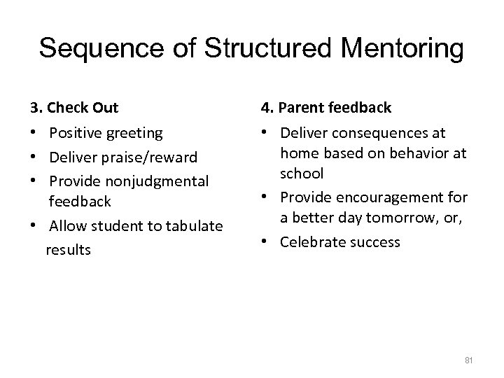 Sequence of Structured Mentoring 3. Check Out 4. Parent feedback • Positive greeting •