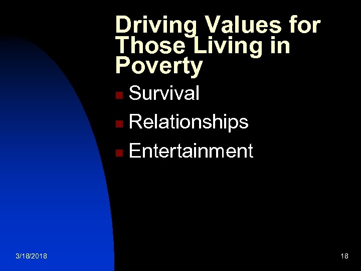 Driving Values for Those Living in Poverty Survival n Relationships n Entertainment n 3/18/2018