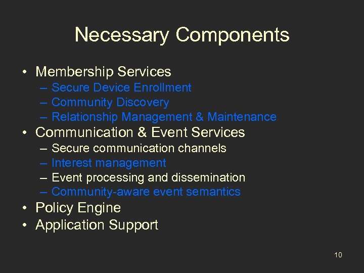 Necessary Components • Membership Services – Secure Device Enrollment – Community Discovery – Relationship