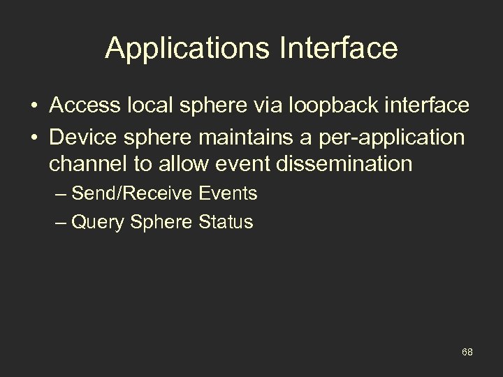Applications Interface • Access local sphere via loopback interface • Device sphere maintains a
