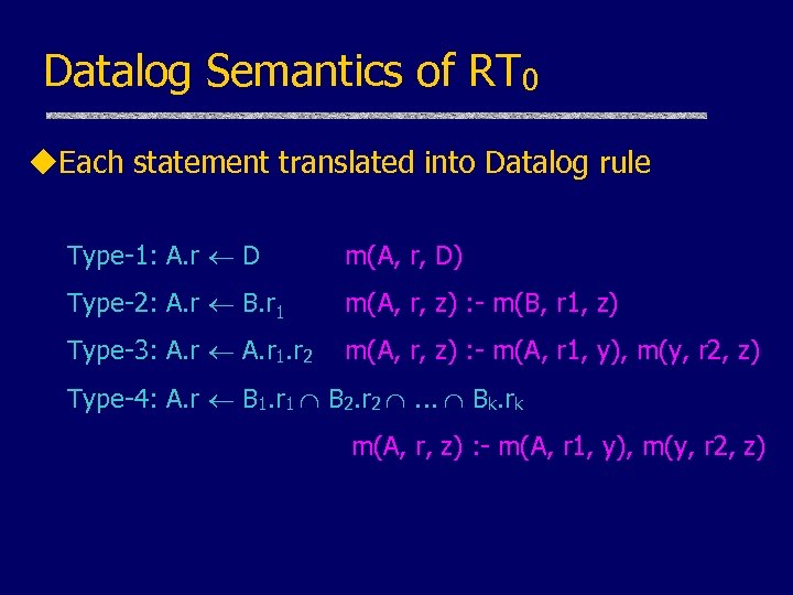 Datalog Semantics of RT 0 u. Each statement translated into Datalog rule Type-1: A.