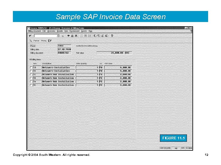 Sample SAP Invoice Data Screen FIGURE 11. 5 Copyright © 2004 South-Western. All rights