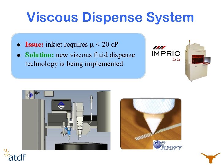 Viscous Dispense System l l Issue: inkjet requires m < 20 c. P Solution: