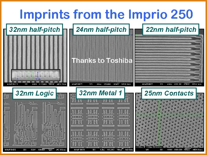 Imprints from the Imprio 250 32 nm half-pitch 24 nm half-pitch 22 nm half-pitch