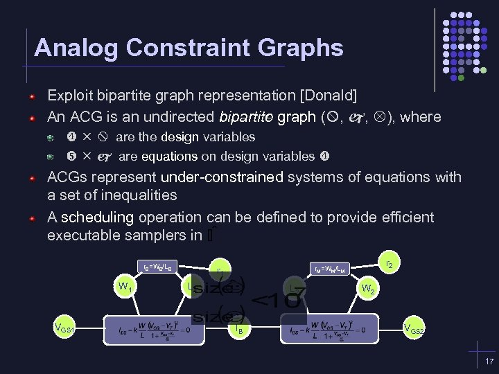 Analog Constraint Graphs Exploit bipartite graph representation [Donald] An ACG is an undirected bipartite
