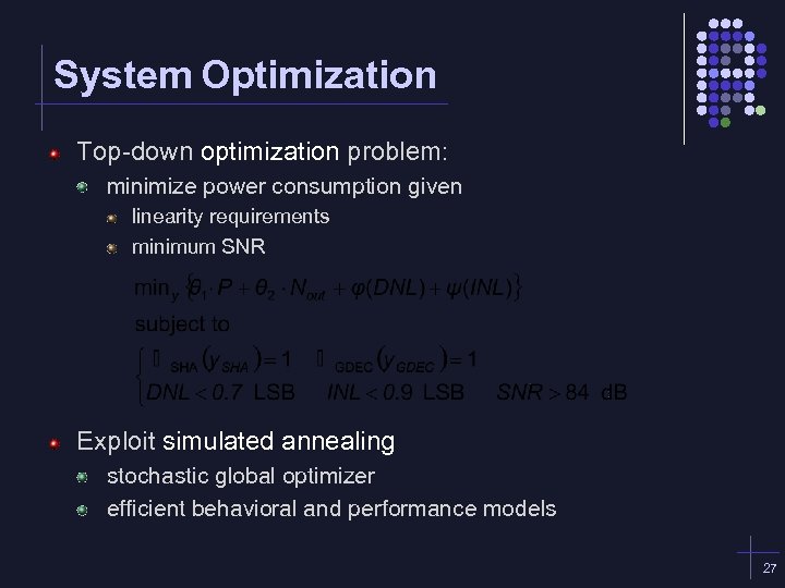 System Optimization Top-down optimization problem: minimize power consumption given linearity requirements minimum SNR Exploit
