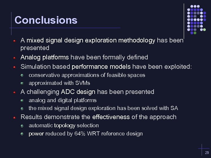 Conclusions A mixed signal design exploration methodology has been presented Analog platforms have been