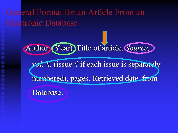 General Format for an Article From an Electronic Database Author. (Year). Title of article.