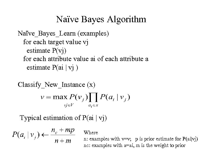 Naïve Bayes Algorithm Naïve_Bayes_Learn (examples) for each target value vj estimate P(vj) for each