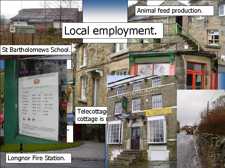 Animal feed production. Local employment. St Bartholomews School. Cafes and Public Houses. Telecottages –