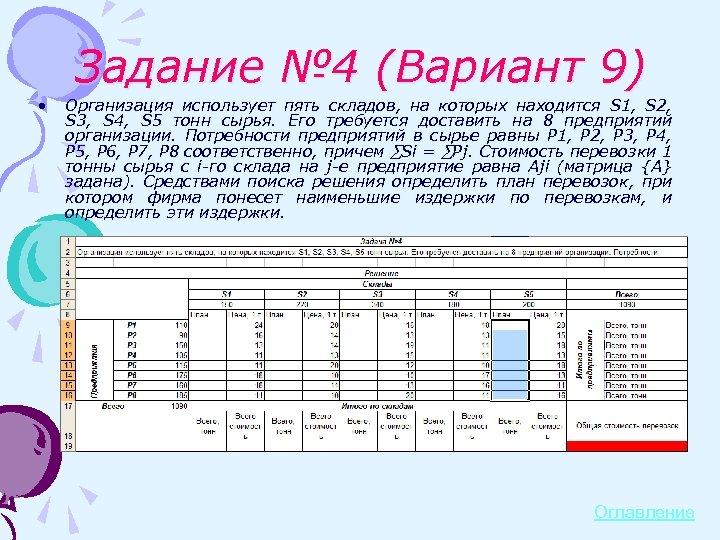 Задание № 4 (Вариант 9) • Организация использует пять складов, на которых находится S