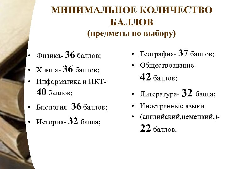 МИНИМАЛЬНОЕ КОЛИЧЕСТВО БАЛЛОВ (предметы по выбору) • Физика- 36 баллов; • Химия- 36 баллов;
