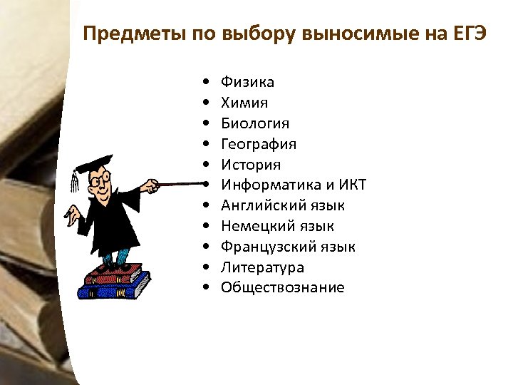 Предметы по выбору выносимые на ЕГЭ • • • Физика Химия Биология География История