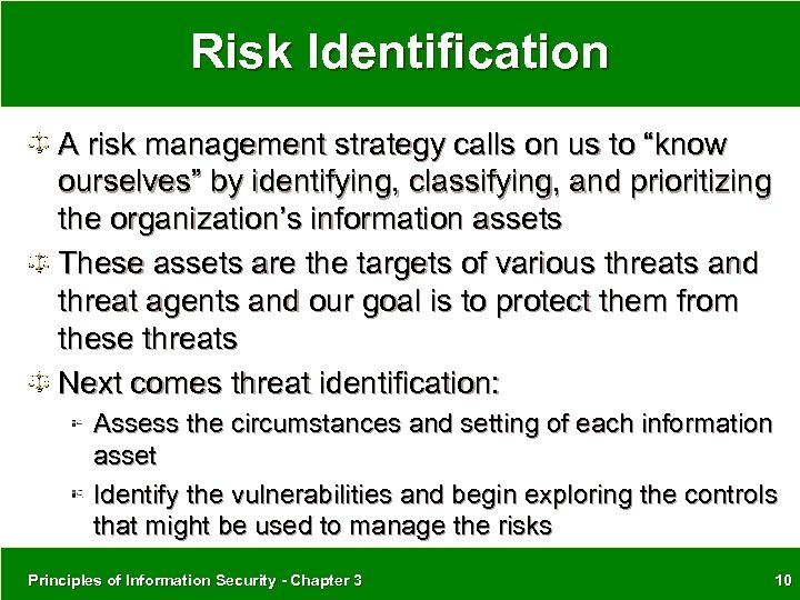 Risk Identification A risk management strategy calls on us to “know ourselves” by identifying,