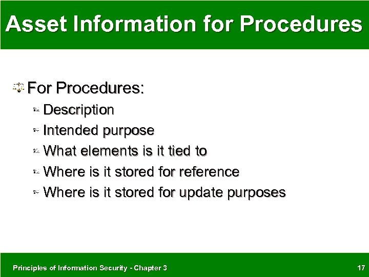 Asset Information for Procedures For Procedures: Description Intended purpose What elements is it tied