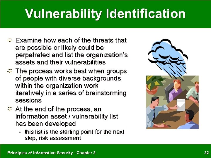 Vulnerability Identification Examine how each of the threats that are possible or likely could