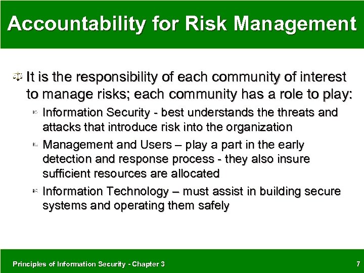 Accountability for Risk Management It is the responsibility of each community of interest to