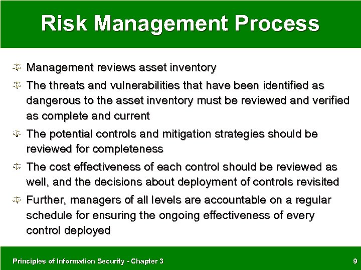 Risk Management Process Management reviews asset inventory The threats and vulnerabilities that have been