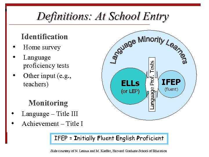 Definitions: At School Entry • • • Home survey Language proficiency tests Other input