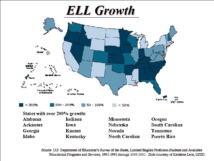 ELL Growth States with over 200% growth: Alabama Indiana Arkansas Iowa Georgia Kansas Idaho