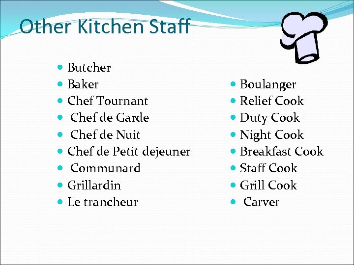 Other Kitchen Staff Butcher Baker Chef Tournant Chef de Garde Chef de Nuit Chef