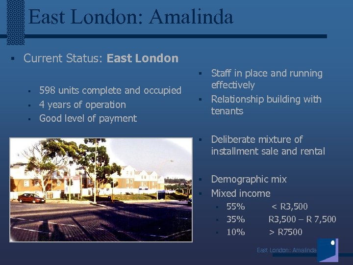 East London: Amalinda § Current Status: East London Staff in place and running effectively