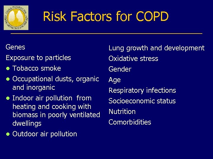Risk Factors for COPD Genes Exposure to particles ● Tobacco smoke ● Occupational dusts,