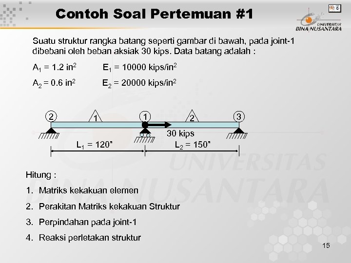 Contoh Soal Pertemuan #1 Suatu struktur rangka batang seperti gambar di bawah, pada joint-1